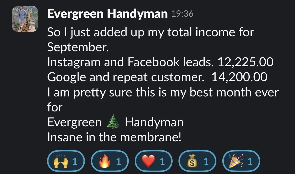 Evergreen Handyman reports September income of $12,225 from Instagram and Facebook leads.